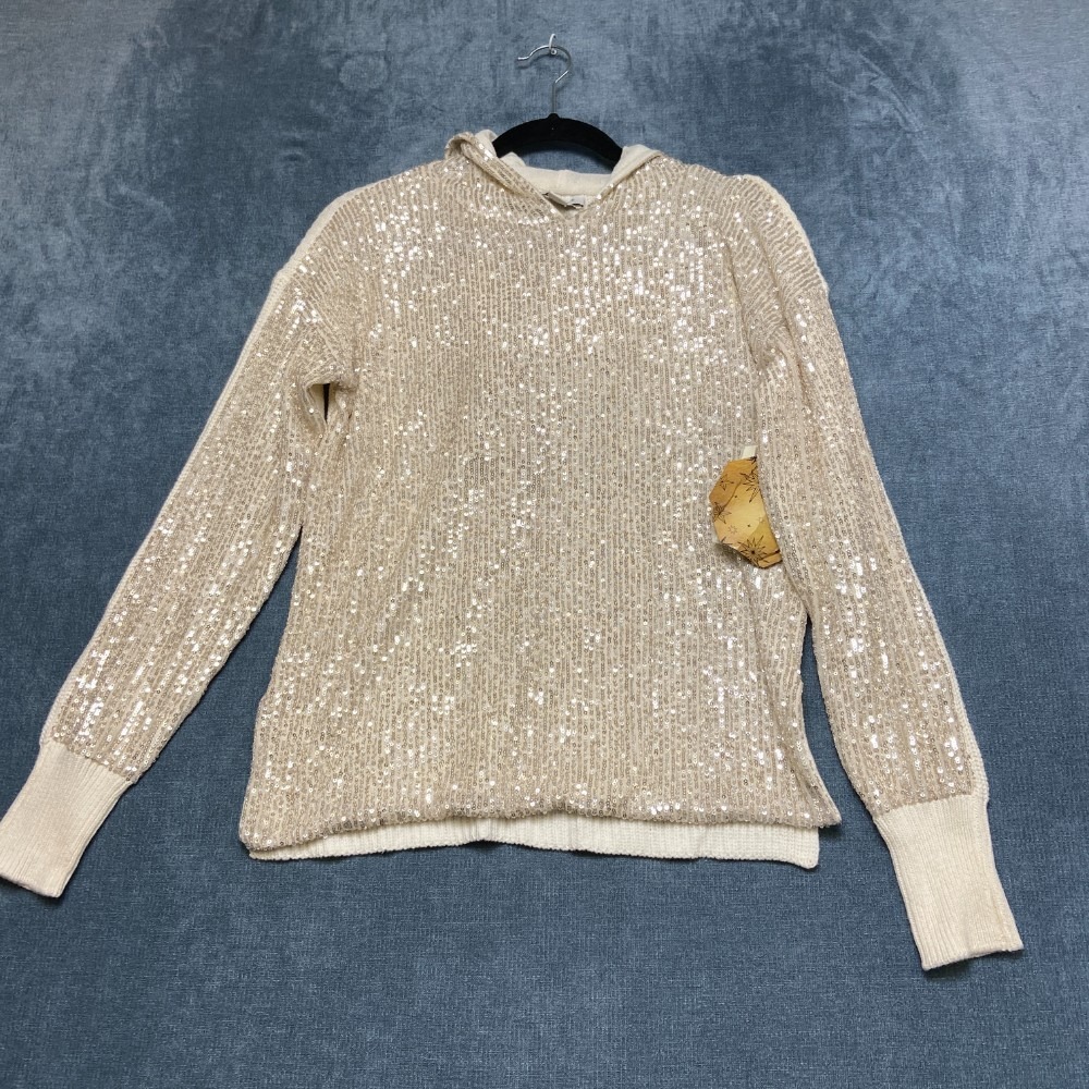 Calligraphie Sequin Sweater Women Small White Hooded Side Slit Tight Knit Winter